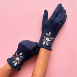 Secret Garden Navy Embroidered Bird Gloves