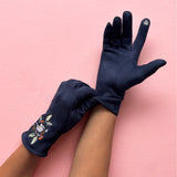 Secret Garden Navy Embroidered Bird Gloves