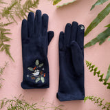 Secret Garden Navy Embroidered Bird Gloves