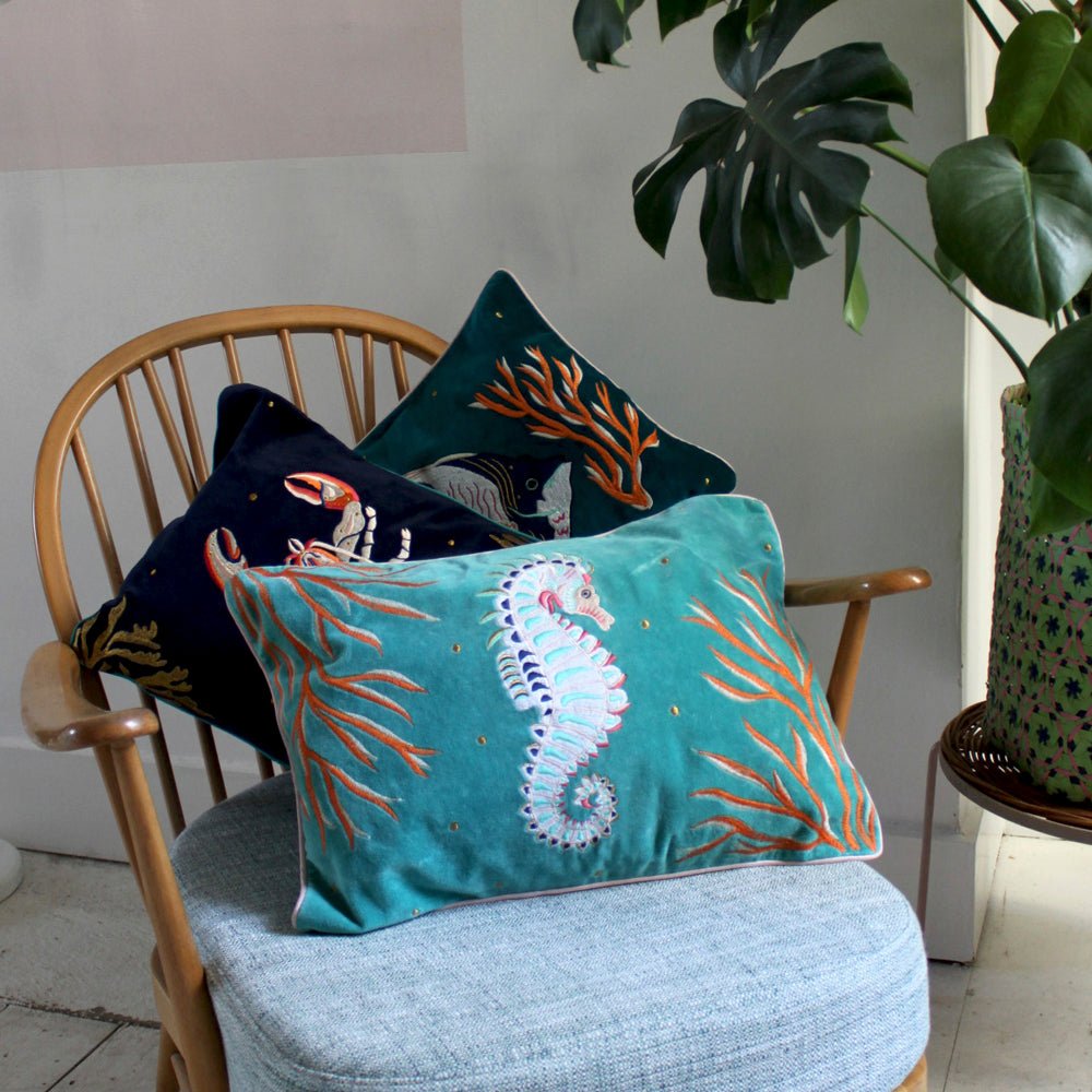 Coral Velvet Seahorse Cushion - House of Disaster