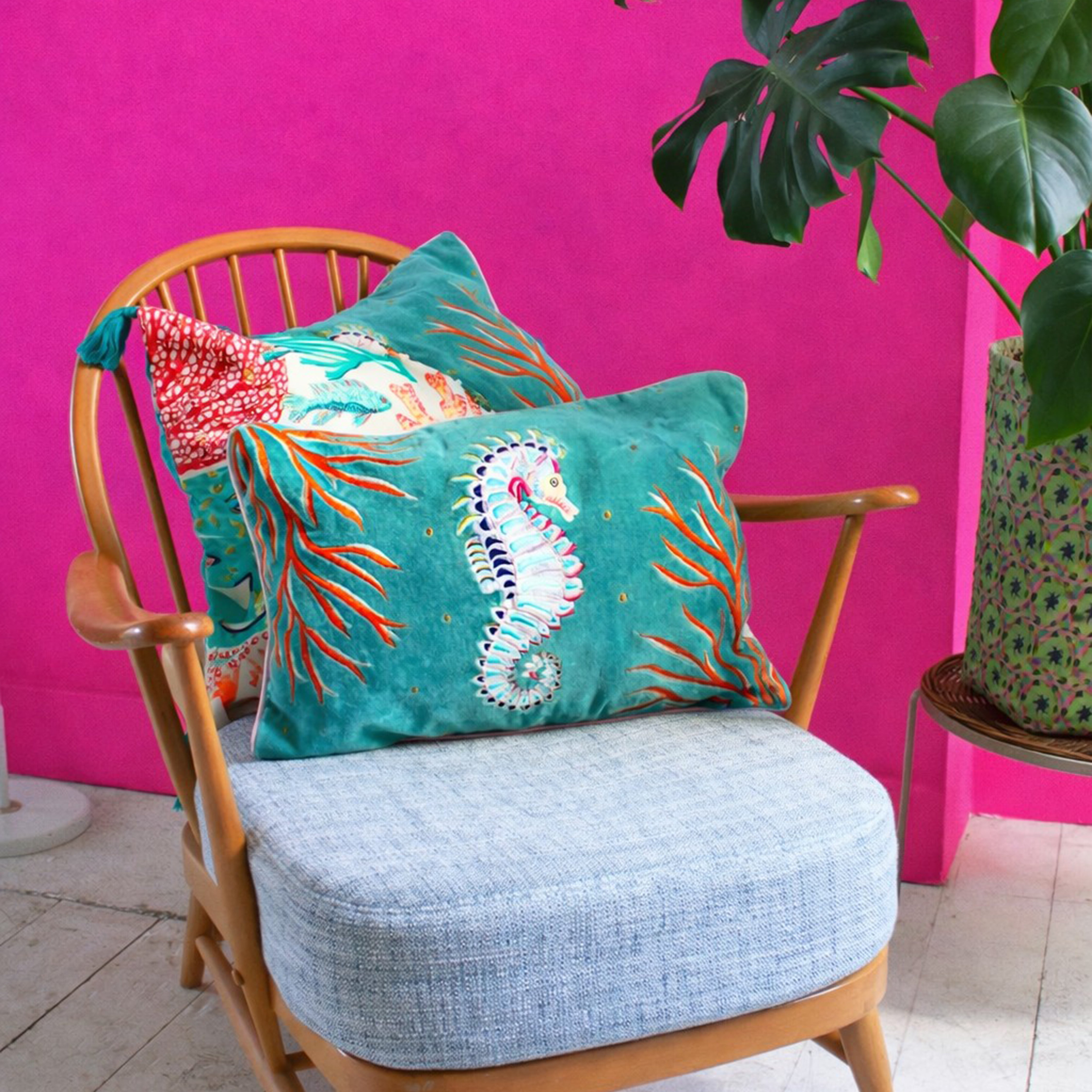 Coral Velvet Seahorse Cushion