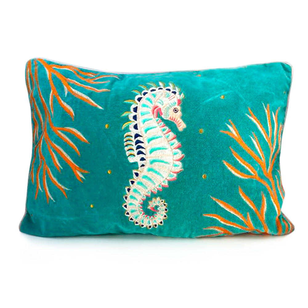 Coral Velvet Seahorse Cushion